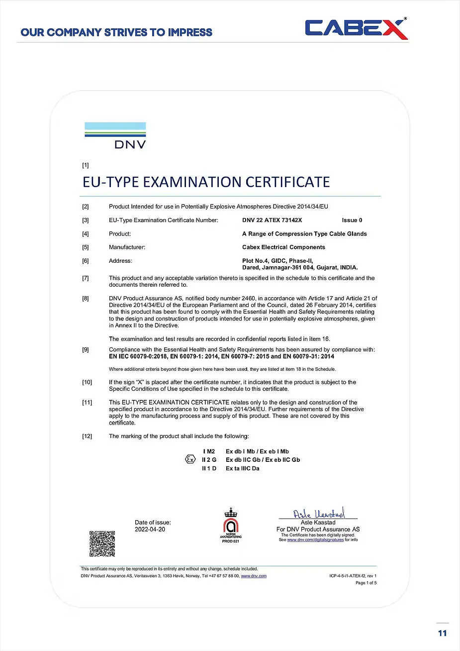 DNV EU-Type Examination Certificate DNV 22 ATEX 73142X issued to Cabex Electrical Components