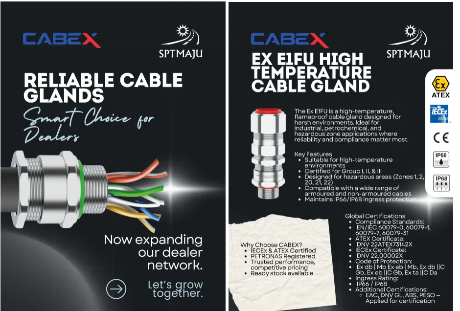 Cabex and SPT Maju dealer network and Ex E1FU high-temperature cable gland product cards
