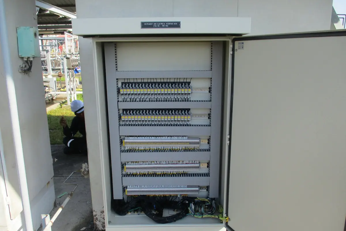 Outdoor instrument interface panel open at site, showing marshalling terminals and loop wiring