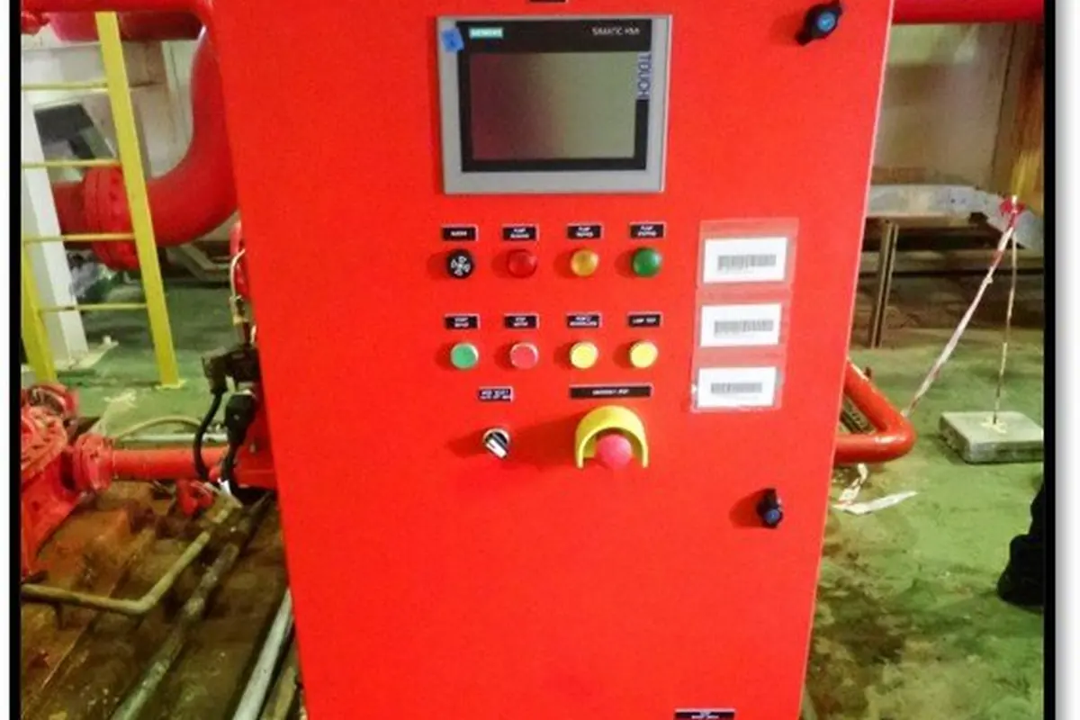Fire water pump control panel installed on deck, with operator pushbuttons and display
