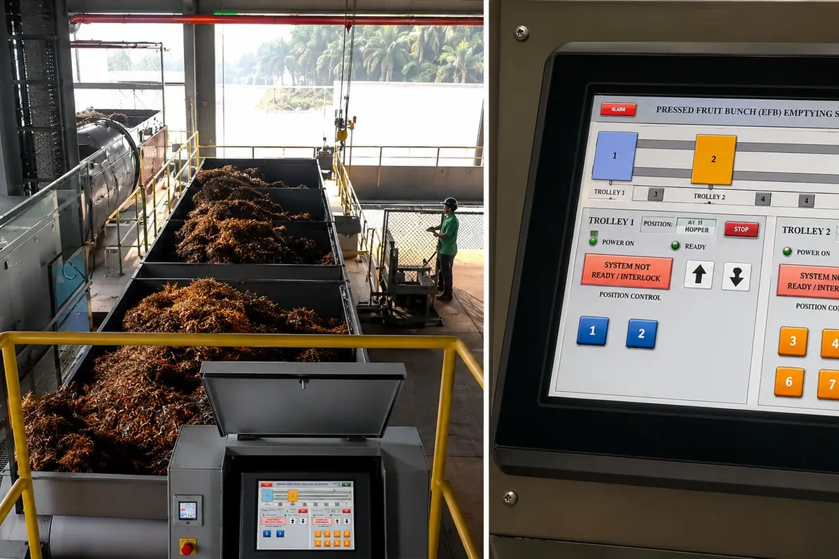 Process plant conveyor line with the operator control station supplied alongside it