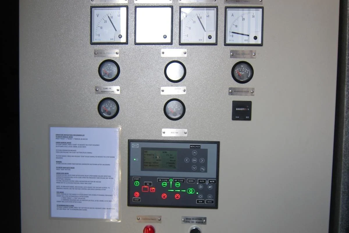 Emergency generator control panel showing metering instruments and the engine controller